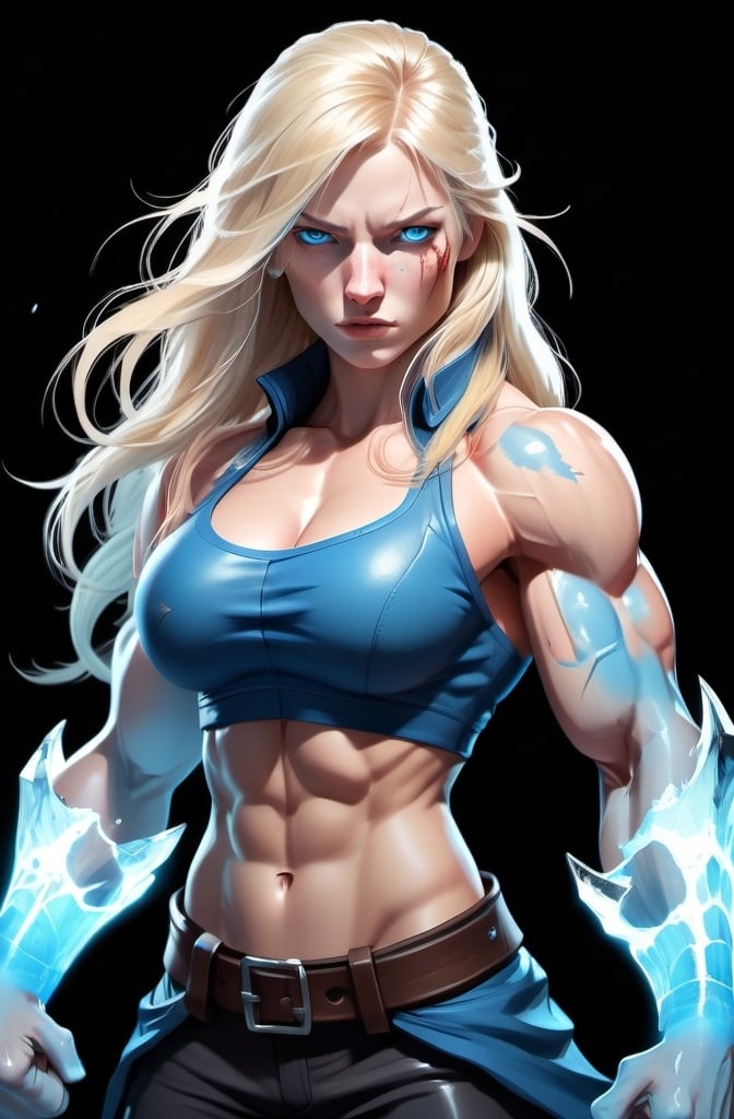 Prompt: Female figure. Greater bicep definition. Sharper, clearer blue eyes. Nosebleed. Long Blonde hair flapping. Frostier, glacier effects. Fierce combat stance. Raging Fists. Icy Knuckles.