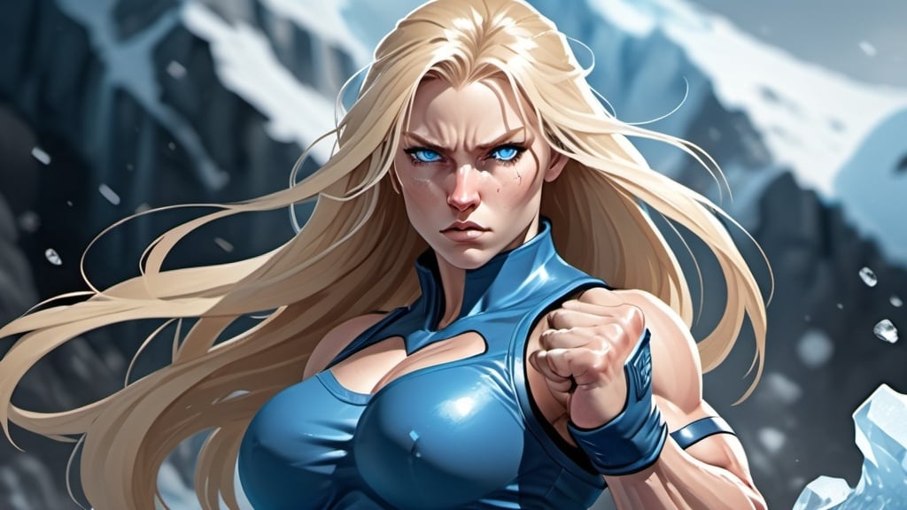 Prompt: Female figure. Greater bicep definition. Sharper, clearer blue eyes. Nosebleed. Long Blonde hair flapping. Blue outfit. Frostier, glacier effects. Fierce combat stance. Raging Fists. Icy Knuckles. 