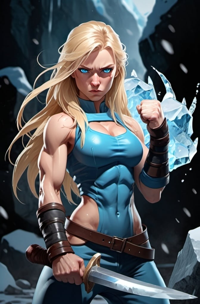 Prompt: Female figure. Greater bicep definition. Sharper, clearer blue eyes. Nosebleed. Long Blonde hair flapping. Frostier, glacier effects. Fierce combat stance. Raging Fists. Icy Knuckles. 