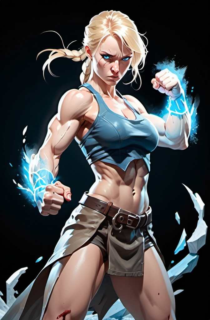 Prompt: Female figure. Greater bicep definition. Sharper, clearer blue eyes. Nosebleed. Long Blonde hair flapping. Frostier, glacier effects. Fierce combat stance. Raging Fists.