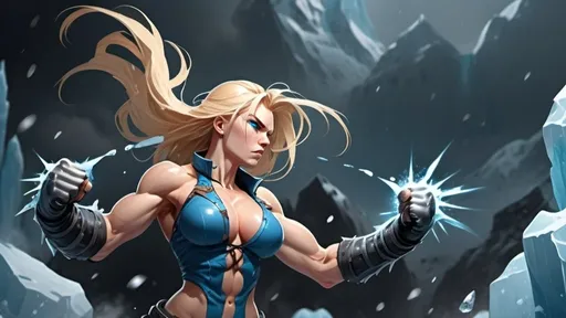 Prompt: Female figure. Greater bicep definition. Sharper, clearer blue eyes. Nosebleed. Long Blonde hair flapping. Frostier, glacier effects. Fierce combat stance. Raging Fists. Icy Knuckles. 