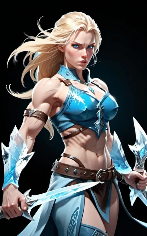 Prompt: Female figure. Greater bicep definition. Sharper, clearer blue eyes. Long Blonde hair flapping. Frostier, glacier effects. Fierce combat stance. Ice daggers.