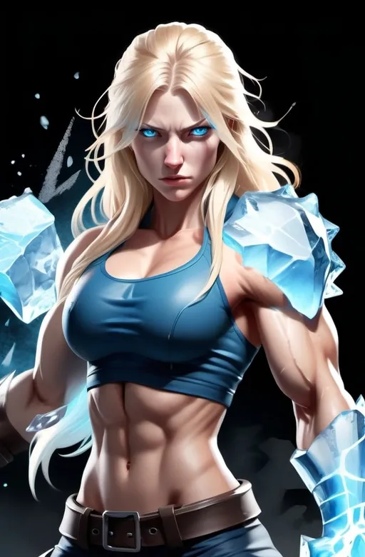 Prompt: Female figure. Greater bicep definition. Sharper, clearer blue eyes. Nosebleed. Long Blonde hair flapping. Frostier, glacier effects. Fierce combat stance. Raging Fists. Icy Knuckles.