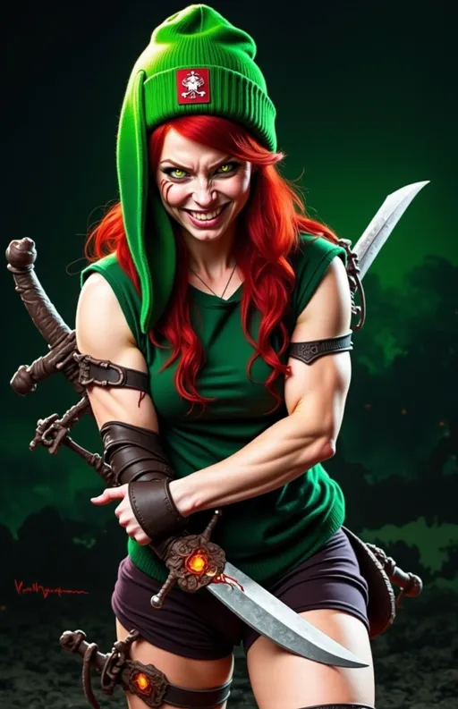 Prompt: @wbV7YKlXTFt2cBPb46HT A fierce female warrior with vibrant red hair and glowing red eyes stands in a combat stance, gripping a dagger covered in molten lava. Her bulky biceps flex as she prepares for battle, showcasing her strength and determination. An evil, disturbed smile stretches across her face, hinting at her ruthless intent. The scene is set in a volcanic landscape, with molten lava flowing in the background, casting an ominous glow. The air is thick with heat and swirling ash, emphasizing the intensity of the moment. The camera angle captures her from a low perspective, highlighting her imposing figure against the fiery backdrop, creating a dramatic and dynamic atmosphere.