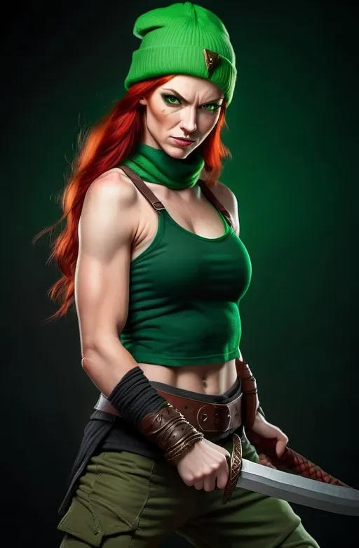 Prompt:  Evil red-haired warrior woman, wearing a green beanie and a mischievous smirk. Green eyes. Fierce combat stance. 