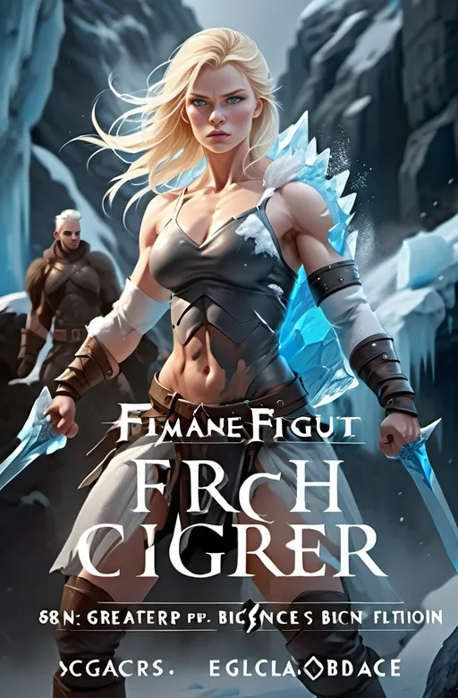 Prompt:  Female figure. Greater bicep definition. Sharper, clearer blue eyes. Blonde hair  flapping. Frostier, glacier effects. Engulfed in White Mist. Fierce combat stance. Holding Ice Daggers.