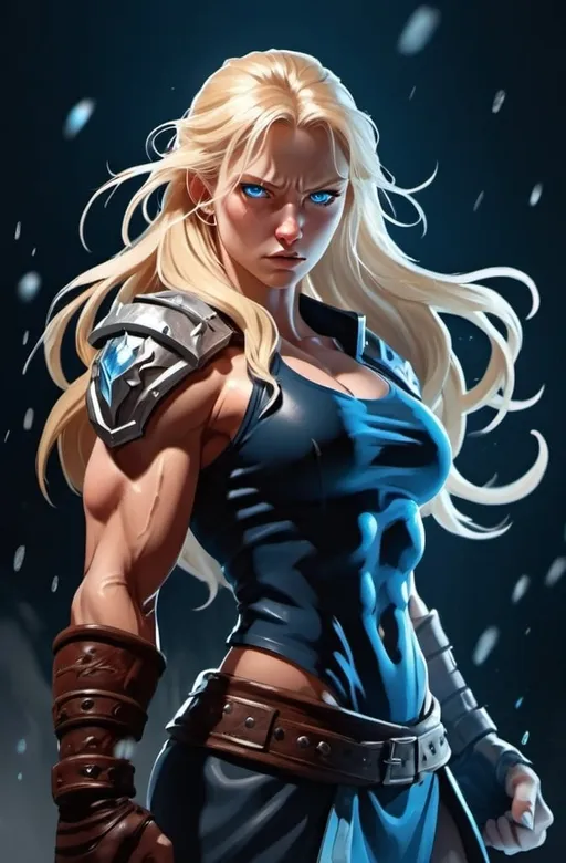 Prompt: Female figure. Greater bicep definition. Sharper, clearer blue eyes. Nosebleed. Long Blonde hair flapping. Frostier, glacier effects. Fierce combat stance. Raging Fists. Icy Knuckles.