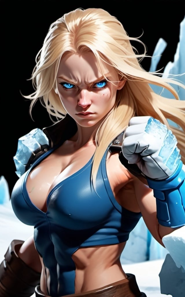 Prompt: Female figure. Greater bicep definition. Sharper, clearer blue eyes. Bleeding. Long Blonde hair flapping. Frostier, glacier effects. Fierce combat stance. Raging Fists. Icy Knuckles.