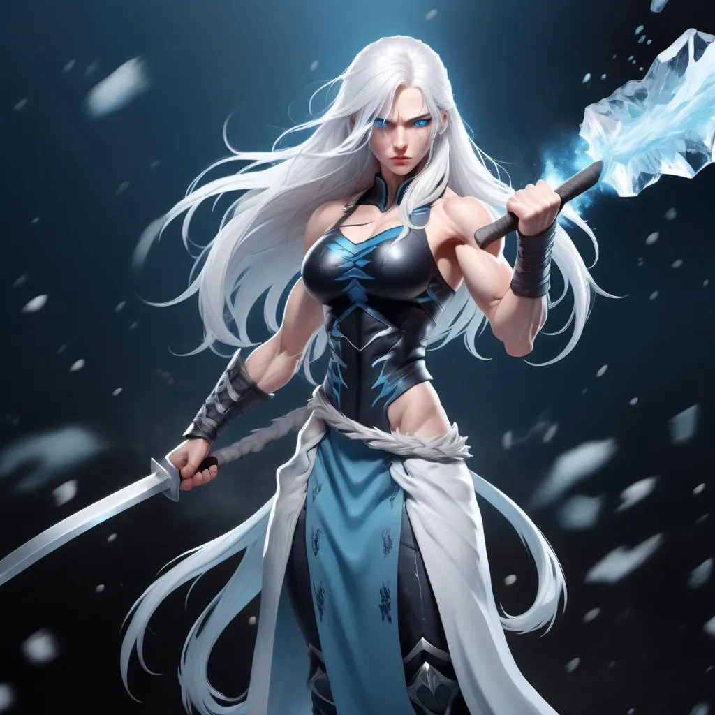 Prompt:  Female figure. Greater bicep definition. Sharper, clearer blue eyes. Nosebleed. Long White hair flapping. Frostier, glacier effects. Fierce combat stance. Raging Fists. Icy Knuckles. Pale Skin. 