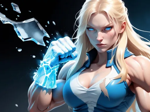 Prompt: Female figure. Greater bicep definition. Sharper, clearer blue eyes. Nosebleed. Long Blonde hair flapping. Frostier, glacier effects. Fierce combat stance. Raging Fists. Icy Knuckles.