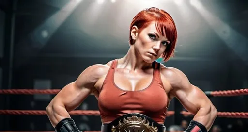 Prompt: Female figure. Young woman. Greater bicep definition. Short red hair. Pro Wrestler. Championship belt. Fierce Combat Stance. 