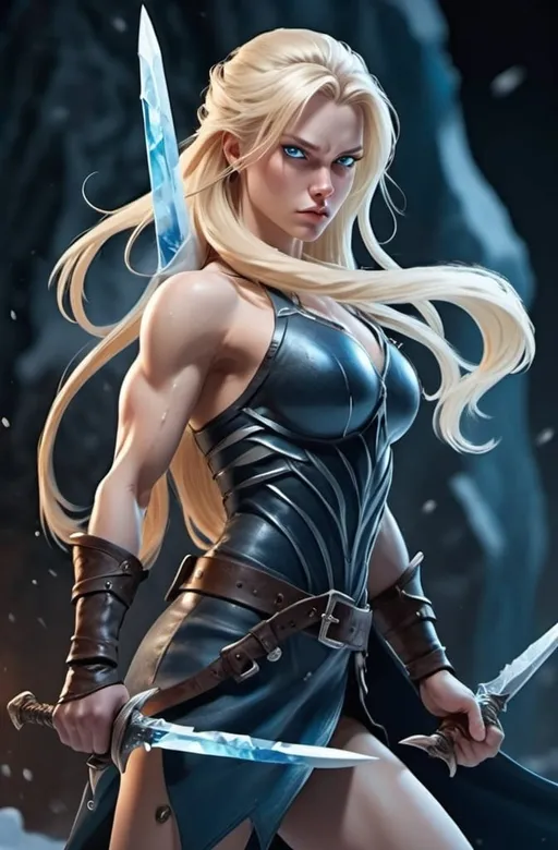 Prompt: Female figure. Greater bicep definition. Sharper, clearer blue eyes. Nosebleed. Long Blonde hair flapping. Frostier, glacier effects. Fierce combat stance. Ice Daggers.