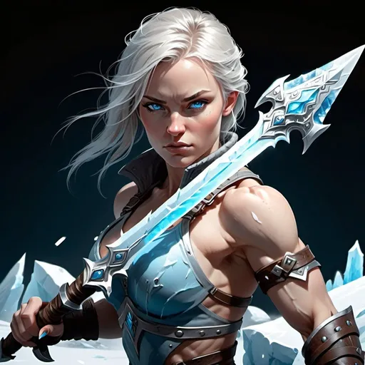 Prompt: Female figure. Greater bicep definition. Sharper, clearer blue eyes.  Frostier, glacier effects. Holding frost daggers. Fierce combat stance. 