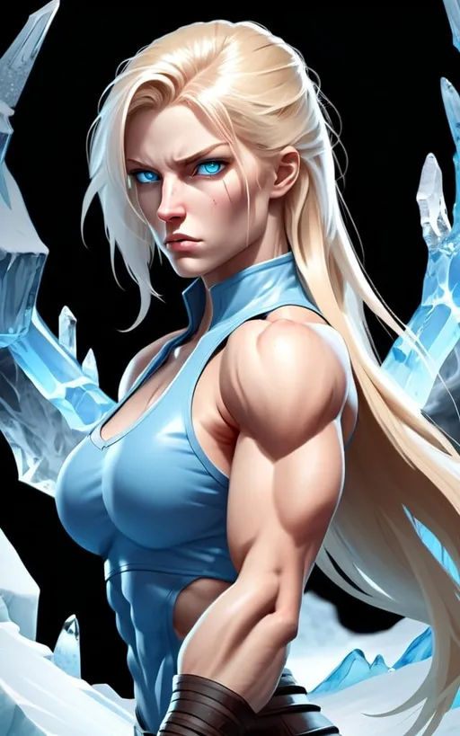 Prompt: Female figure. Greater bicep definition. Sharper, clearer blue eyes. Nosebleed. Long Blonde hair flapping. Frostier, glacier effects. Fierce combat stance. Raging Fists. Icy Knuckles.