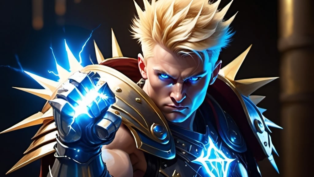 Prompt: Male Figure. Strong. Spikey Blonde hair. Clean shaven. Blue eyes. Emperor. Wearing a warrior Gauntlet. Electricity claws. Lighting background. Leading an Army.  