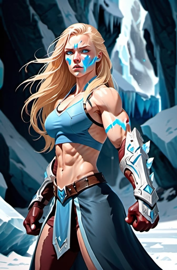 Prompt: Female figure. Greater bicep definition. Sharper, clearer blue eyes. Nosebleed. Long Blonde hair flapping. Frostier, glacier effects. Fierce combat stance. Icy Knuckles.