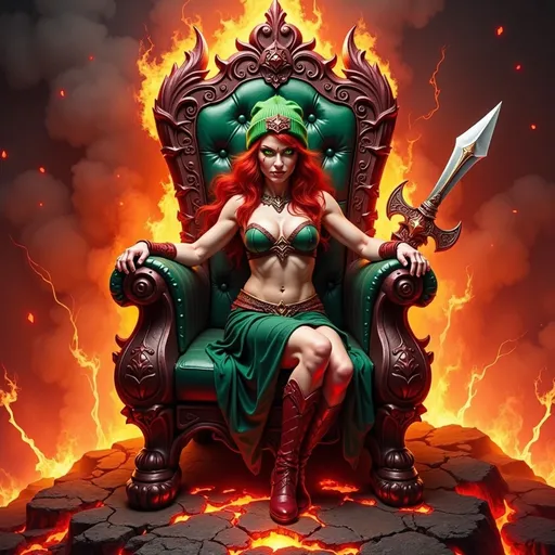 Prompt: @wbV7YKlXTFt2cBPb46HT is still on a throne, amidst a Kingdom of Lava with a crown on her head. 