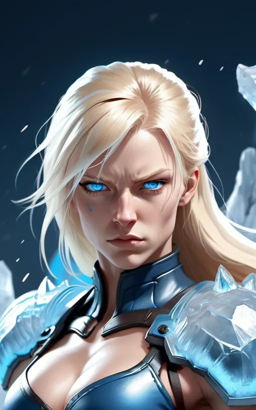 Prompt:  Female figure. Greater bicep definition. Sharper, clearer blue eyes. Nosebleed. Long Blonde hair flapping. Frostier, glacier effects. Fierce combat stance. Raging Fists. Icy Knuckles. 