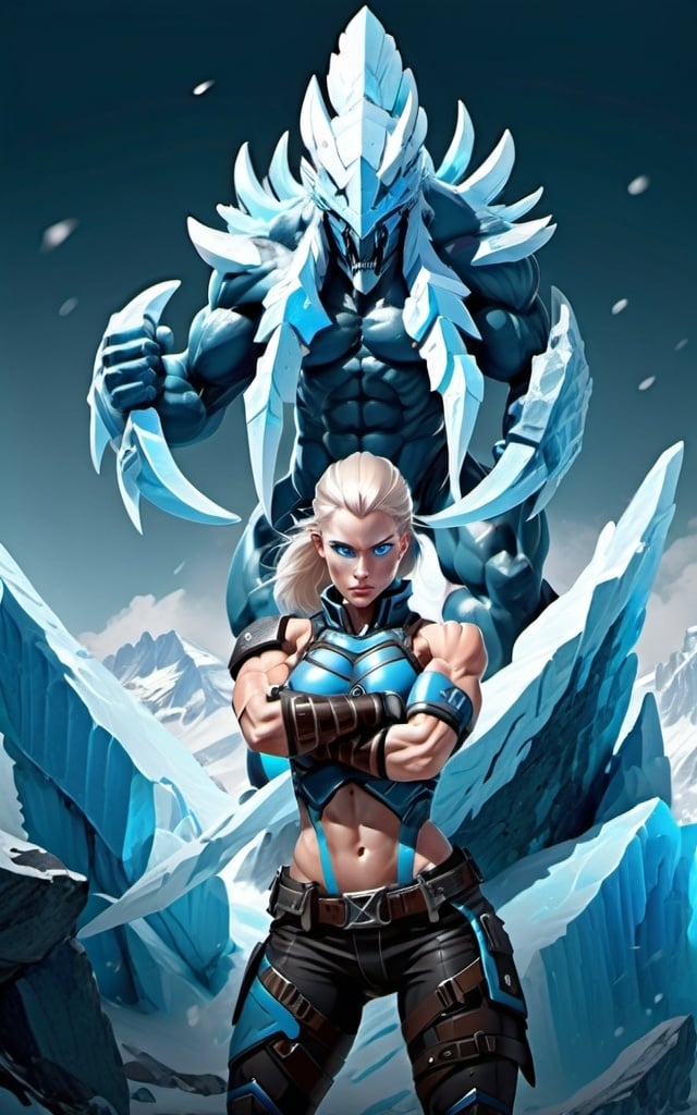 Prompt: Female figure. Greater bicep definition. Sharper, clearer blue eyes.  Frostier, glacier effects. Fierce combat stance. 