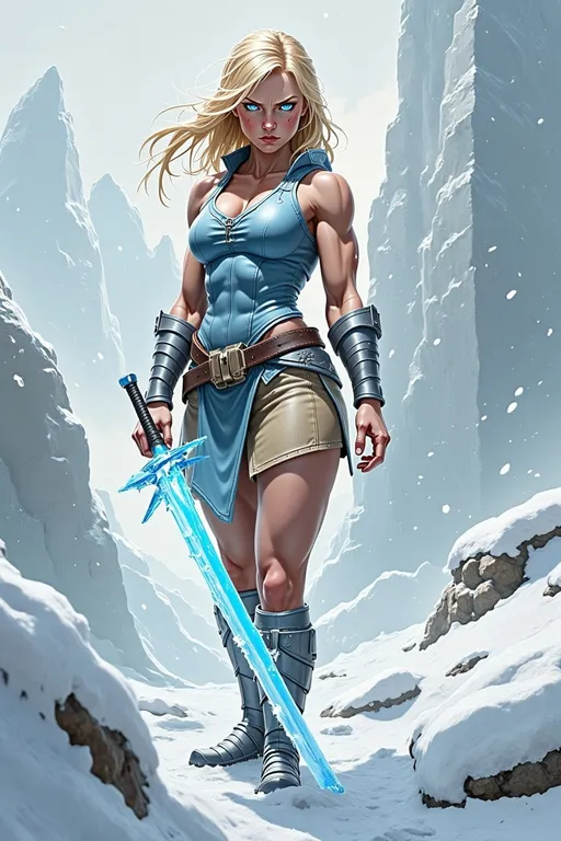 Prompt: @lbK8EQWu1r8WEqH2g1L6 A muscular female warrior wielding a shimmering sword of ice, standing in a frozen landscape. She is mid-action, gripping the icy blade with both hands, her stance powerful and determined. Her armor is sleek and metallic, reflecting cold blue and silver tones, with frost forming along the edges. Her hair flows behind her, caught in a gust of icy wind. The environment features jagged ice formations and a snow-covered ground under a pale, overcast sky. Soft blue light emanates from the sword, illuminating her focused expression. The scene is captured from a slightly low angle, emphasizing her strength and the glowing weapon, with swirling snow and icy particles adding a dynamic, wintry atmosphere.