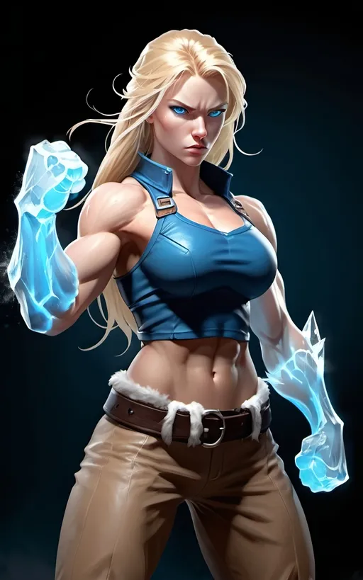 Prompt: Female figure. Greater bicep definition. Sharper, clearer blue eyes. Long Blonde hair flapping. Frostier, glacier effects. Fierce combat stance. Icy Knuckles. Raging Fists.