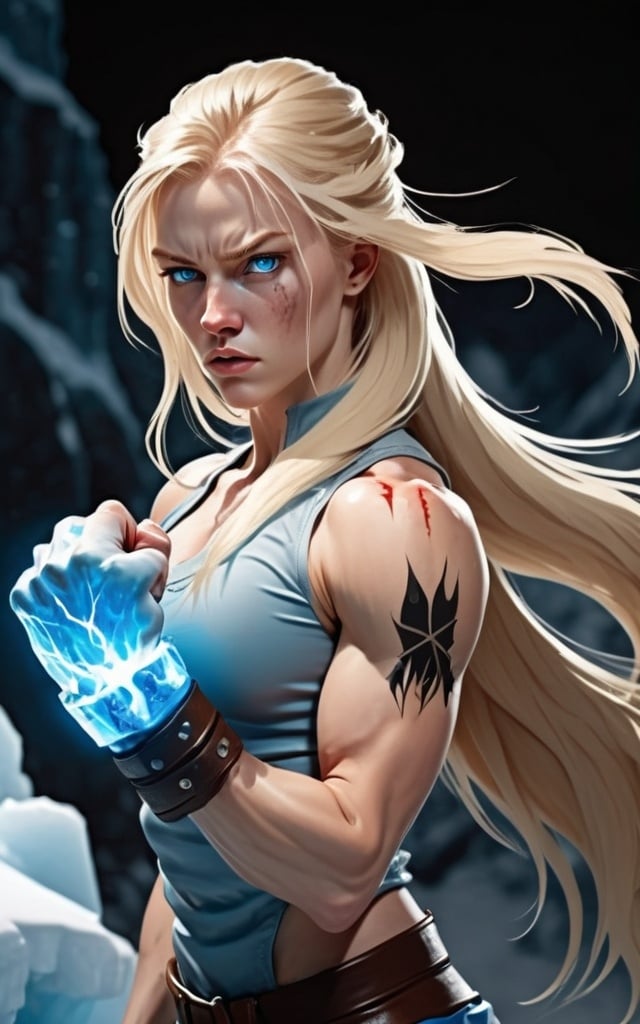 Prompt: Female figure. Greater bicep definition. Sharper, clearer blue eyes. Nosebleed. Long Blonde hair flapping. Frostier, glacier effects. Fierce combat stance. Raging Fists. Icy Knuckles.