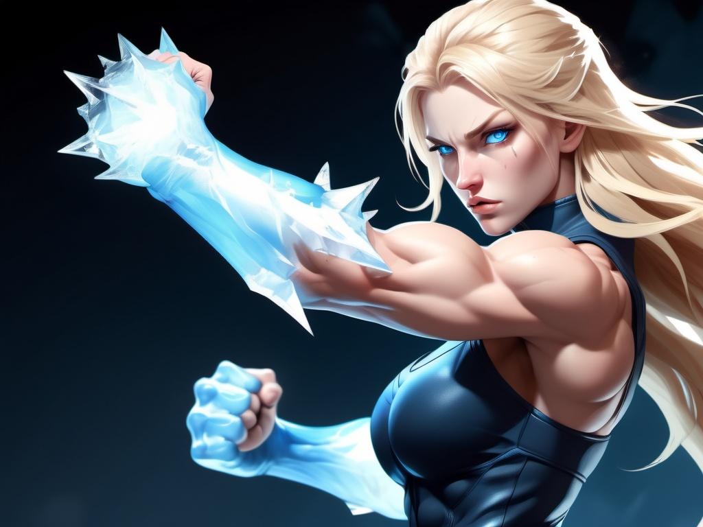 Prompt: Female figure. Greater bicep definition. Sharper, clearer blue eyes. Nosebleed. Long Blonde hair flapping. Frostier, glacier effects. Fierce combat stance. Raging Fists. Icy Knuckles.