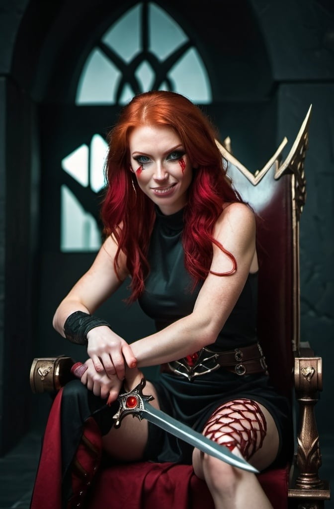 Prompt: Evil red-haired warrior woman with a mischievous grin. Carmine, red eyes. She is sitting on a Throne. 