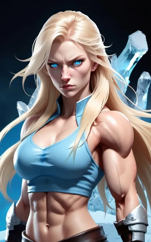 Prompt: Female figure. Greater bicep definition. Sharper, clearer blue eyes. Nosebleed. Long Blonde hair flapping. Frostier, glacier effects. Fierce combat stance. Raging Fists. Icy Knuckles.