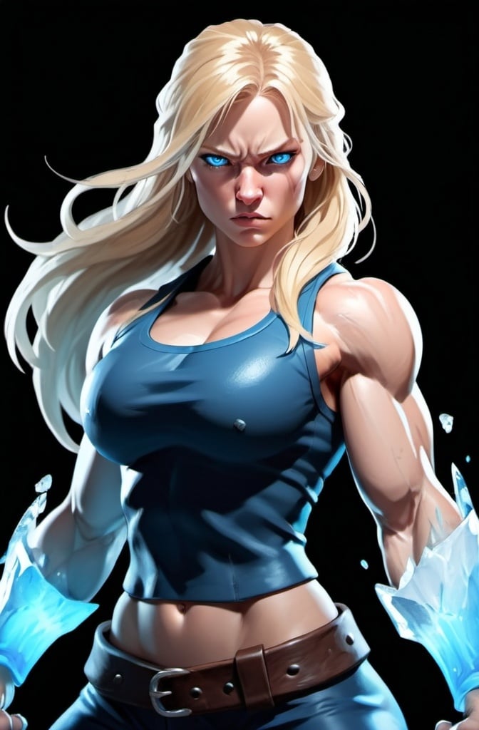 Prompt: Female figure. Greater bicep definition. Sharper, clearer blue eyes. Nosebleed. Long Blonde hair flapping. Frostier, glacier effects. Fierce combat stance. Raging Fists. Icy Knuckles.