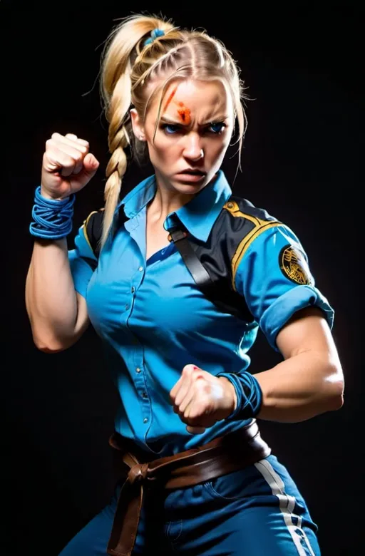 Prompt: Female Figure. Blonde hair. Braided ponytail. Fierce combat stance. Raging Fists. Wearing a Blue shirt. 