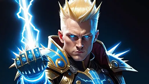 Prompt: Male Figure. Strong. Spikey Blonde hair. Clean shaven. Blue eyes. Emperor. Wearing a spikey Electricity Gauntlet. Lighting background. Leading an Army.  