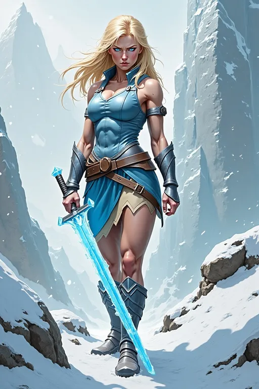 Prompt: @lbK8EQWu1r8WEqH2g1L6 A muscular female warrior wielding a shimmering sword of ice, standing in a frozen landscape. She is mid-action, gripping the icy blade with both hands, her stance powerful and determined. Her armor is sleek and metallic, reflecting cold blue and silver tones, with frost forming along the edges. Her hair flows behind her, caught in a gust of icy wind. The environment features jagged ice formations and a snow-covered ground under a pale, overcast sky. Soft blue light emanates from the sword, illuminating her focused expression. The scene is captured from a slightly low angle, emphasizing her strength and the glowing weapon, with swirling snow and icy particles adding a dynamic, wintry atmosphere.