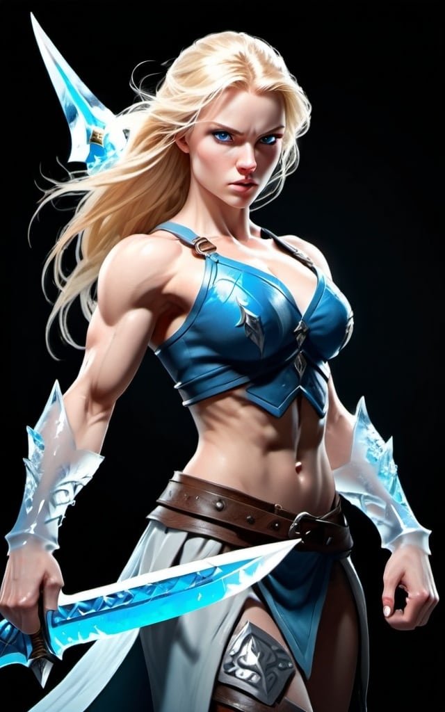 Prompt: Female figure. Greater bicep definition. Sharper, clearer blue eyes. Long Blonde hair flapping. Frostier, glacier effects. Fierce combat stance. Ice daggers.