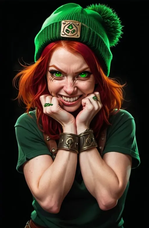 Prompt: Evil red-haired warrior woman, wearing a green beanie and a mischievous smirk. Brass Knuckles. 