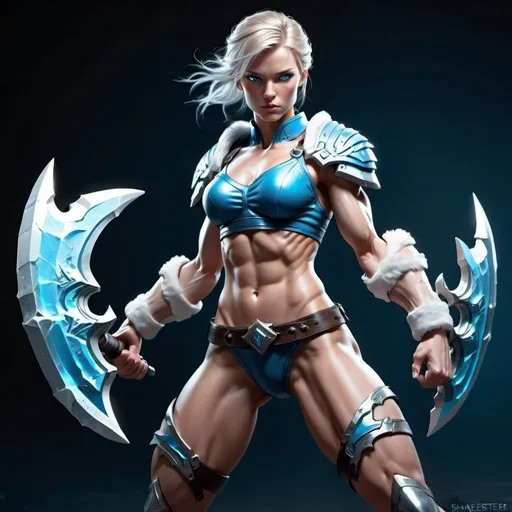 Prompt: Female figure. Greater bicep definition. Sharper, clearer blue eyes.  Frostier, glacier effects. Fierce combat stance. 