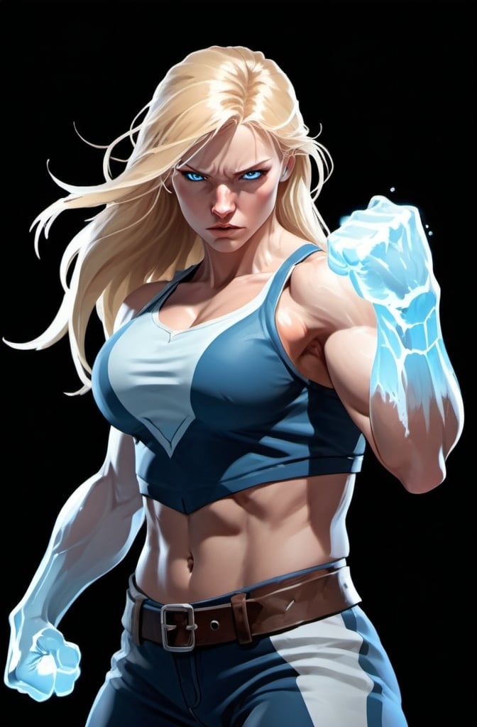 Prompt: Female figure. Greater bicep definition. Sharper, clearer blue eyes. Nosebleed. Long Blonde hair flapping. Frostier, glacier effects. Fierce combat stance. Raging Fists. Icy Knuckles.