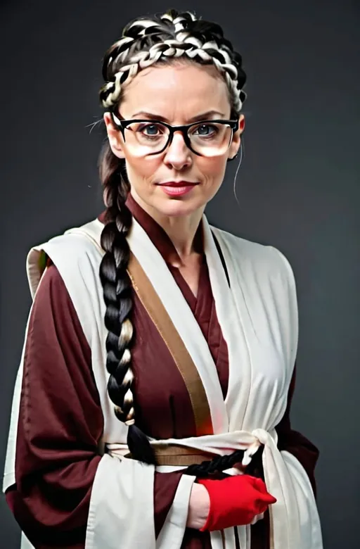 Prompt: White woman wearing glasses. Middle-aged. Black braided ponytail. Black robes.