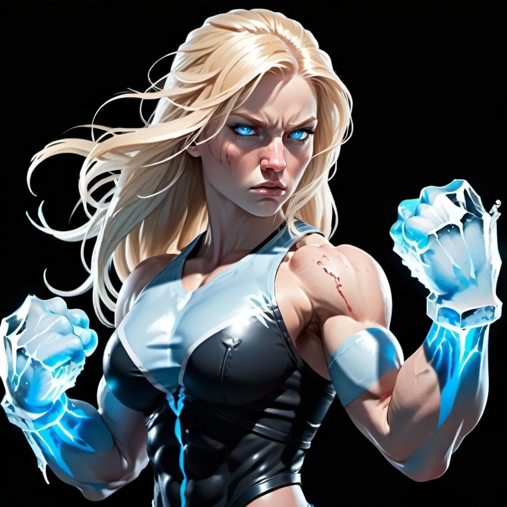 Prompt: Female figure. Greater bicep definition. Sharper, clearer blue eyes. Nosebleed. Long Blonde hair flapping. Frostier, glacier effects. Fierce combat stance. Icy Knuckles. Enraged.