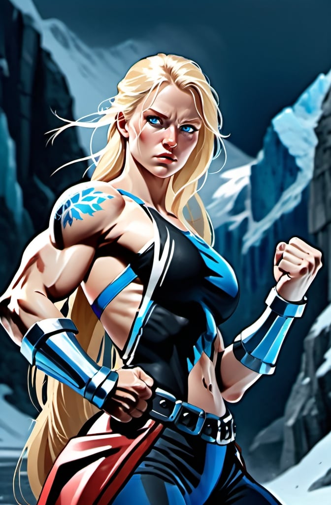 Prompt: Female figure. Greater bicep definition. Sharper, clearer blue eyes. Nosebleed. Long Blonde hair flapping. Frostier, glacier effects. Fierce combat stance. Icy Knuckles.