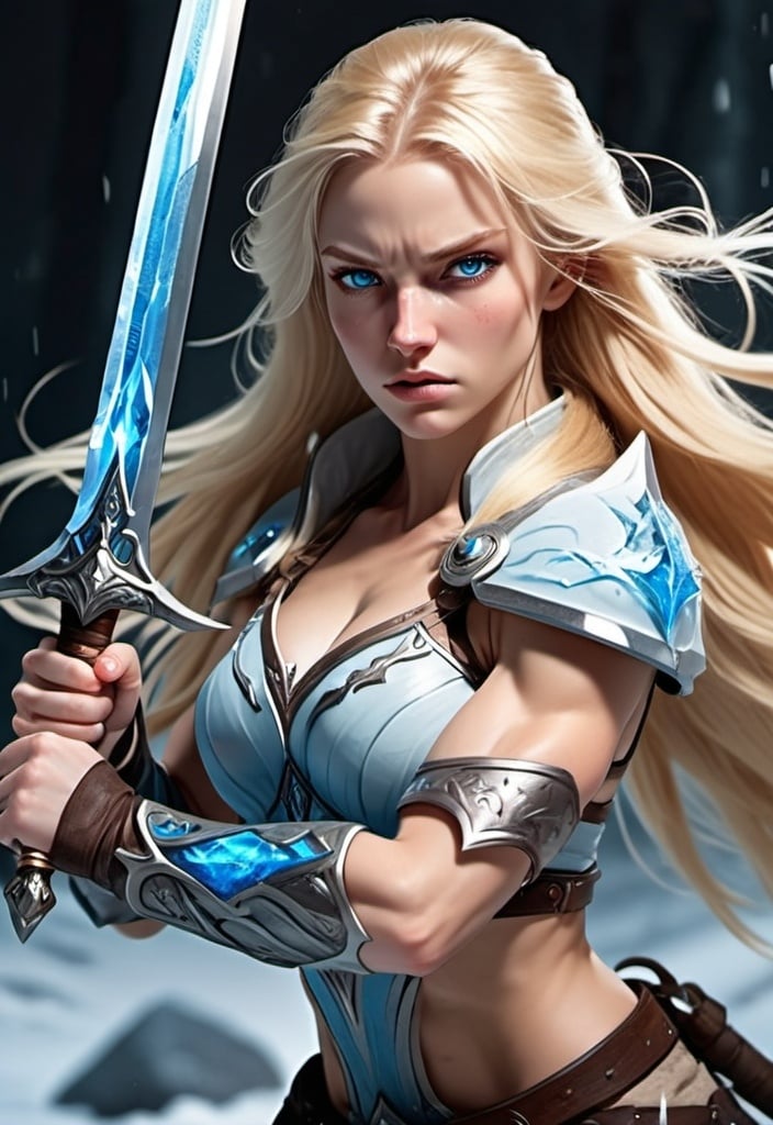 Prompt: Female figure. Greater bicep definition. Sharper, clearer blue eyes. Nosebleed. Long Blonde hair flapping. Frostier, glacier effects. Fierce combat stance. Ice Sword. 