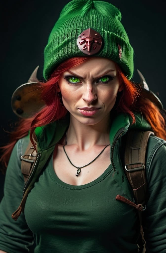 Prompt: Evil red-haired warrior woman, wearing a green beanie and a mischievous smirk. Carmine, red eyes. Fierce combat stance. 