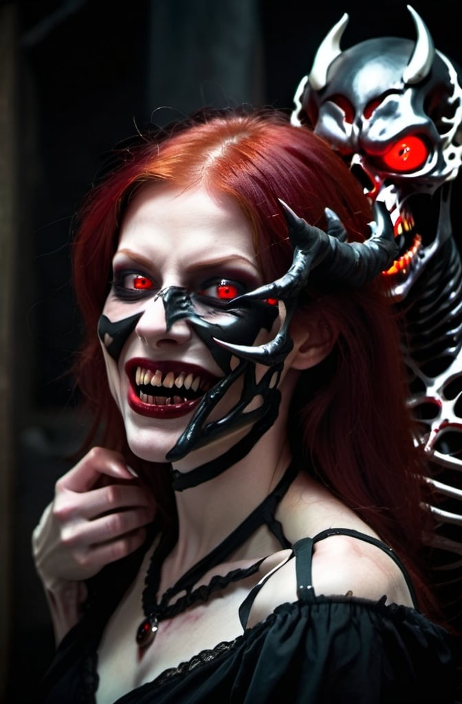 Prompt: Evil Redhead woman with carmine red eyes. Sinister grin. Wraith-like creature in the background. 