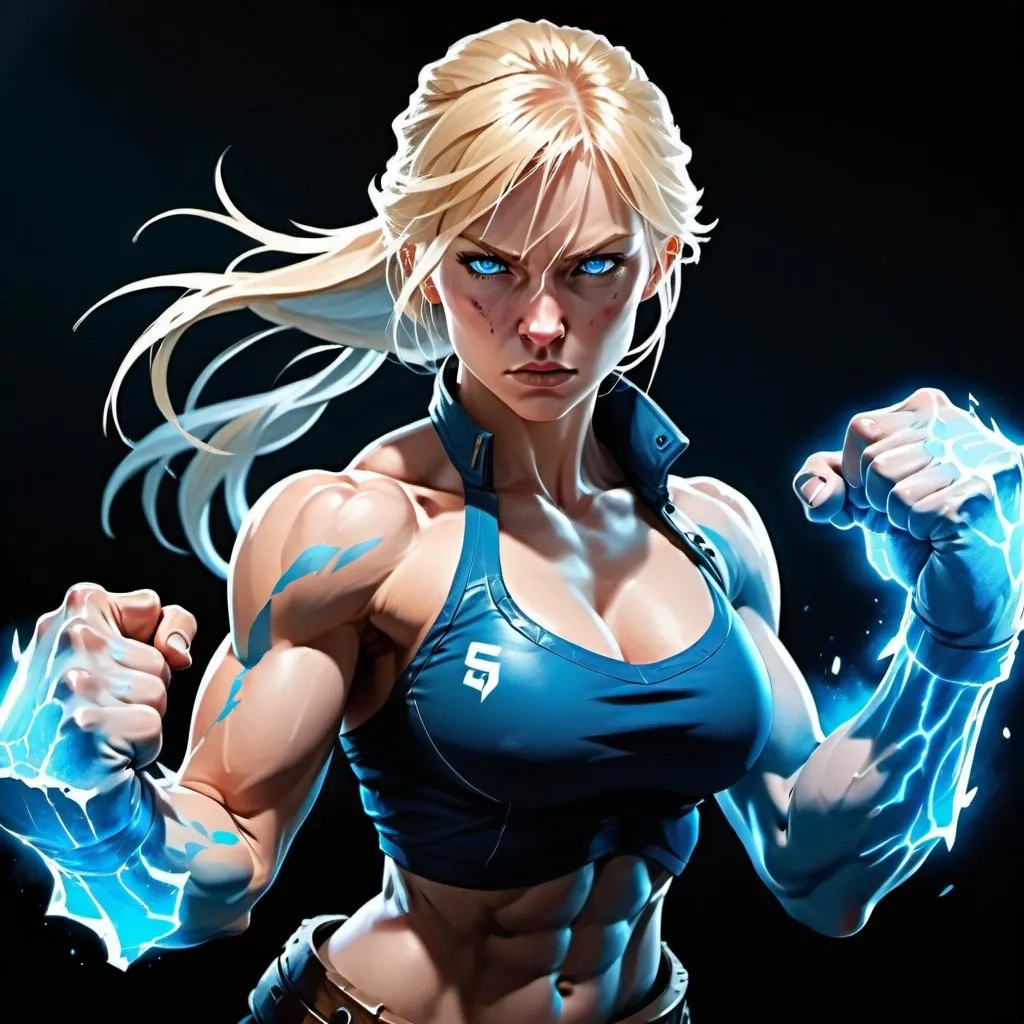 Prompt: Female figure. Greater bicep definition. Sharper, clearer blue eyes. Nosebleed. Long Blonde hair flapping. Frostier, glacier effects. Fierce combat stance. Raging Fists.