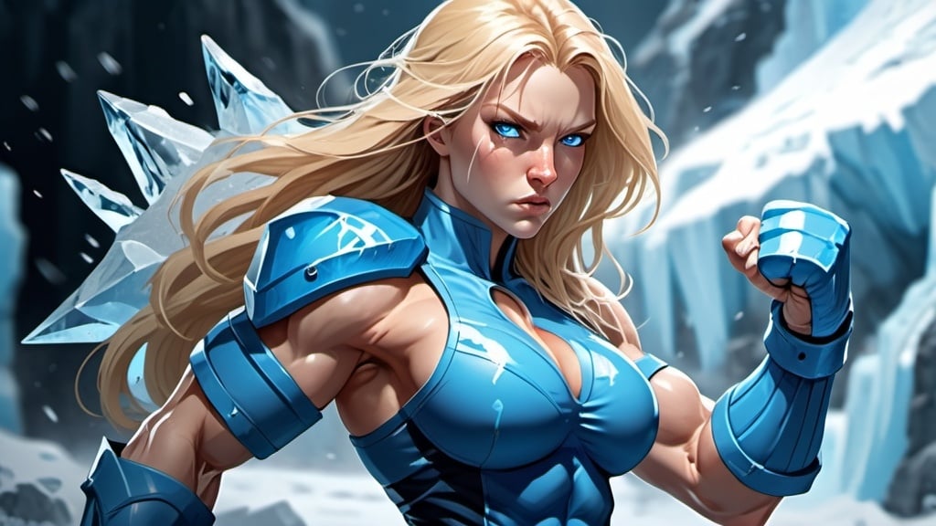 Prompt: Female figure. Greater bicep definition. Sharper, clearer blue eyes. Nosebleed. Long Blonde hair flapping. Blue outfit. Frostier, glacier effects. Fierce combat stance. Raging Fists. Icy Knuckles. 