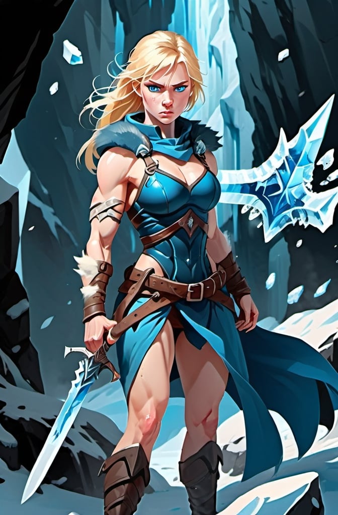 Prompt:  Female figure. Greater bicep definition. Sharper, clearer blue eyes. Blonde hair flapping. Nosebleed. Frostier, glacier effects. Fierce combat stance. Holding ice daggers. 