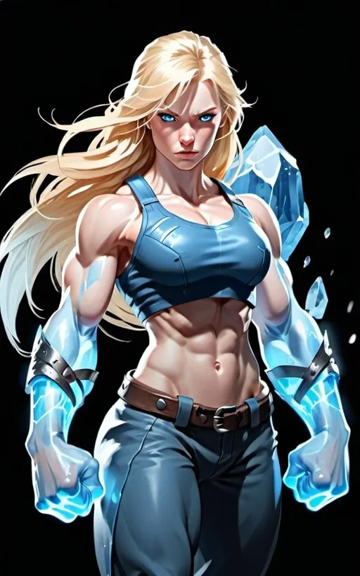 Prompt: Female figure. Greater bicep definition. Sharper, clearer blue eyes. Long Blonde hair flapping. Frostier, glacier effects. Fierce combat stance. Icy Knuckles. Raging Fists.