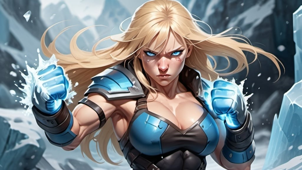 Prompt: Female figure. Greater bicep definition. Sharper, clearer blue eyes. Nosebleed. Long Blonde hair flapping. Frostier, glacier effects. Fierce combat stance. Raging Fists. Icy Knuckles. 