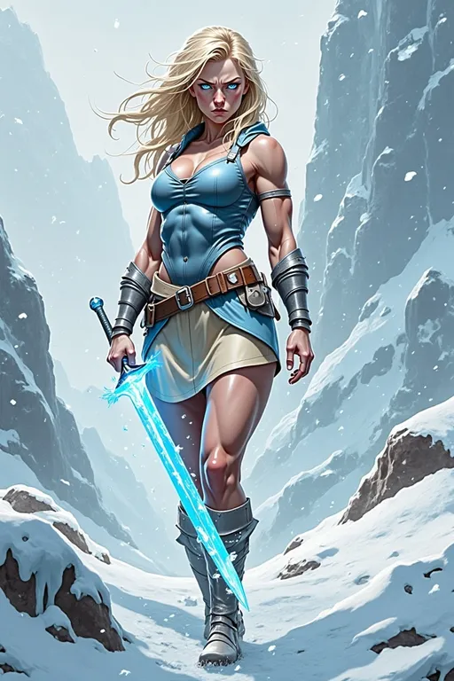 Prompt: @lbK8EQWu1r8WEqH2g1L6 A muscular female warrior wielding a shimmering sword of ice, standing in a frozen landscape. She is mid-action, gripping the icy blade with both hands, her stance powerful and determined. Her armor is sleek and metallic, reflecting cold blue and silver tones, with frost forming along the edges. Her hair flows behind her, caught in a gust of icy wind. The environment features jagged ice formations and a snow-covered ground under a pale, overcast sky. Soft blue light emanates from the sword, illuminating her focused expression. The scene is captured from a slightly low angle, emphasizing her strength and the glowing weapon, with swirling snow and icy particles adding a dynamic, wintry atmosphere.