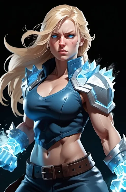 Prompt: Female figure. Greater bicep definition. Sharper, clearer blue eyes. Nosebleed. Long Blonde hair flapping. Frostier, glacier effects. Fierce combat stance. Raging Fists. Icy Knuckles. 